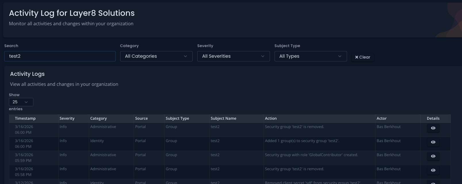 Activity Log search bar in use