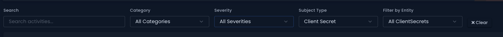 Activity Log filters panel showing all filter dropdowns