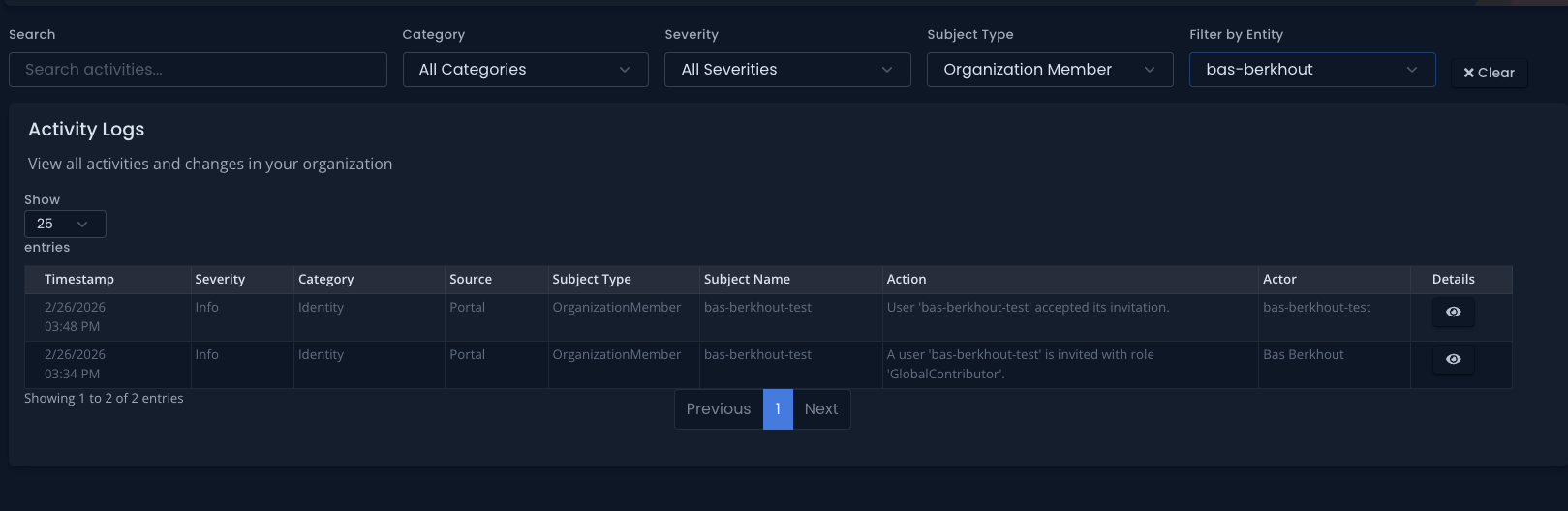 Cascading subject dropdown — organizationMember selected with member list shown