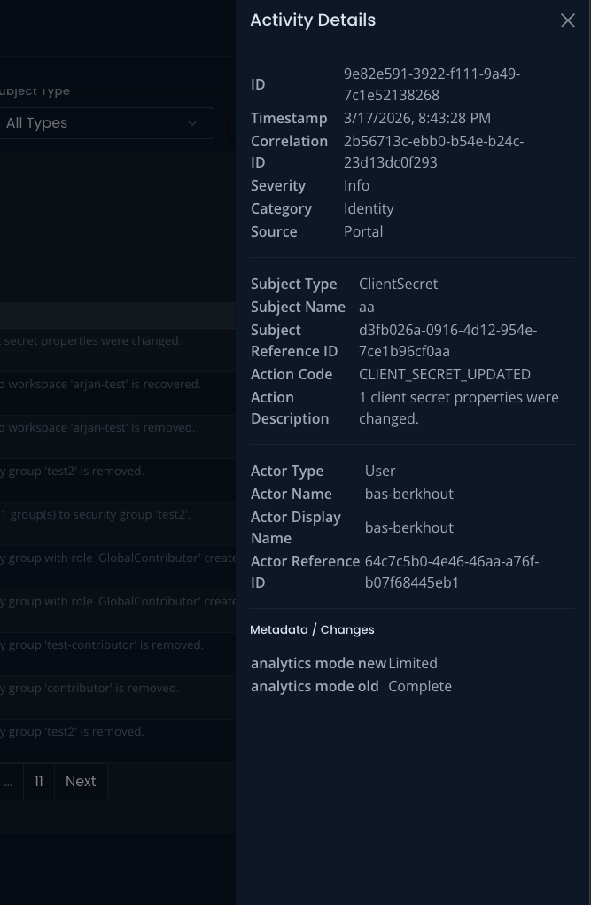 Activity details panel open on a selected row