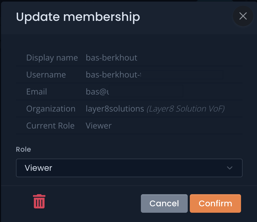 Change user role popup