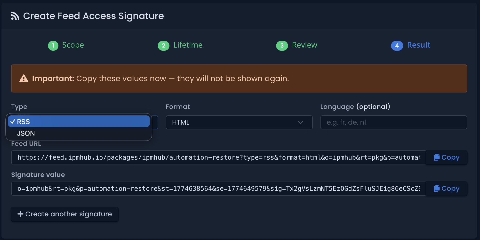 Type selection - RSS or JSON